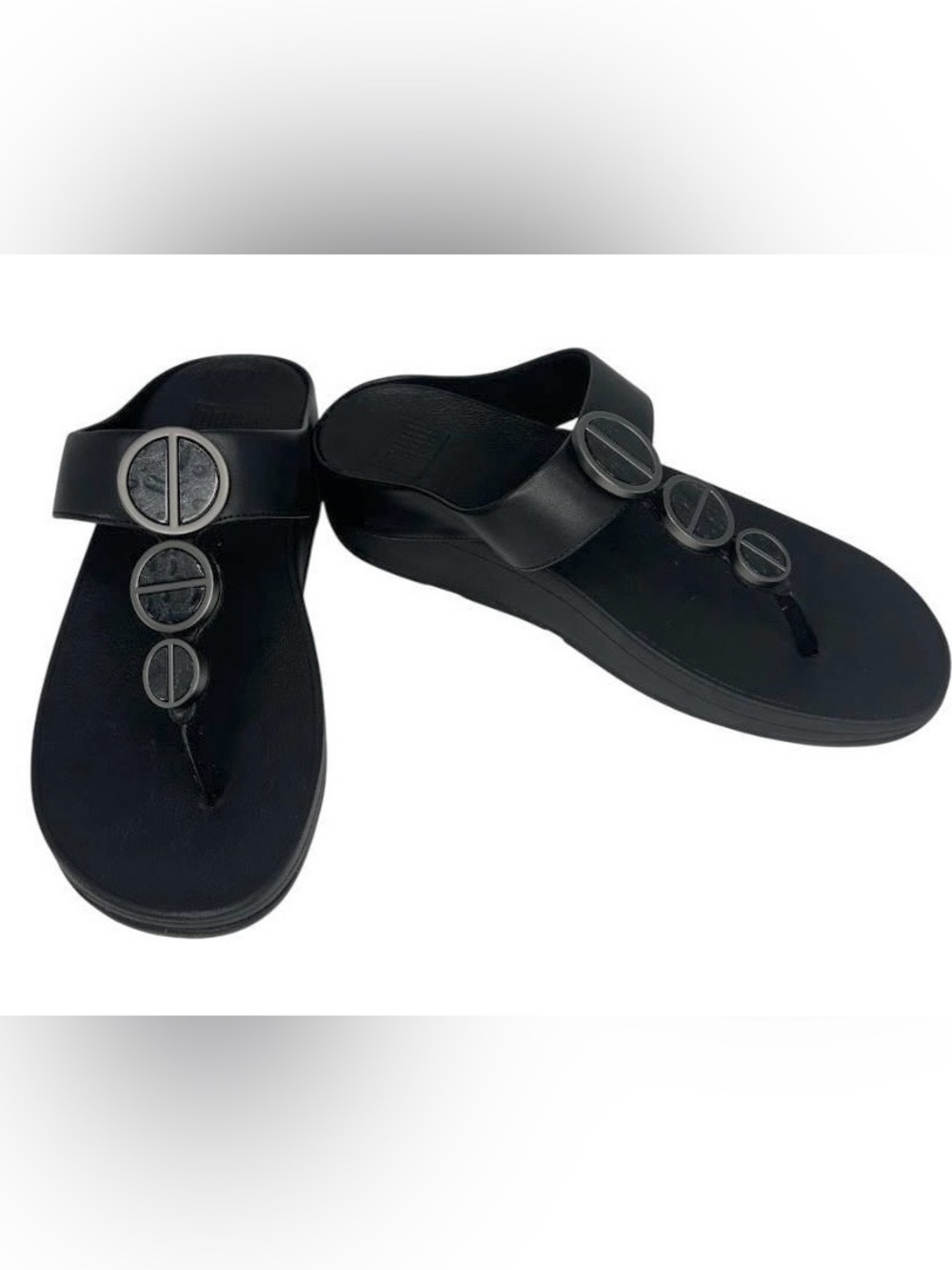 Fitflop Halo Metallic Stone Sandal Black Leather Thong Toe Size 9 Worn 2-3 Times